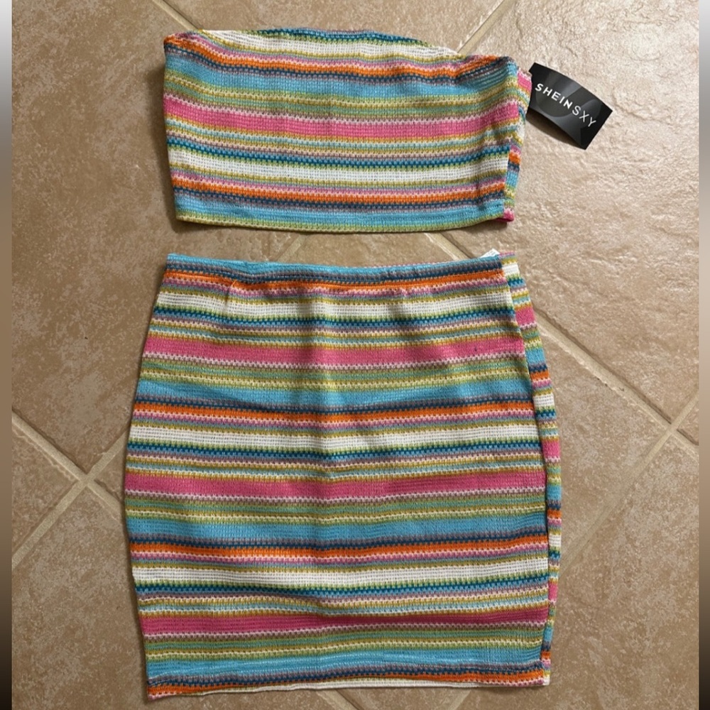 SHEIN Multicolor Striped Tube Top and Skirt Set